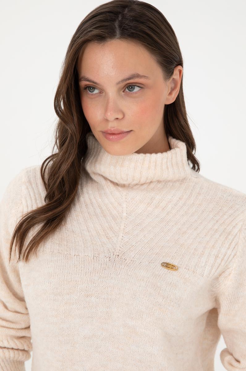 Kadın Krem Balıkçı Yaka Kazak