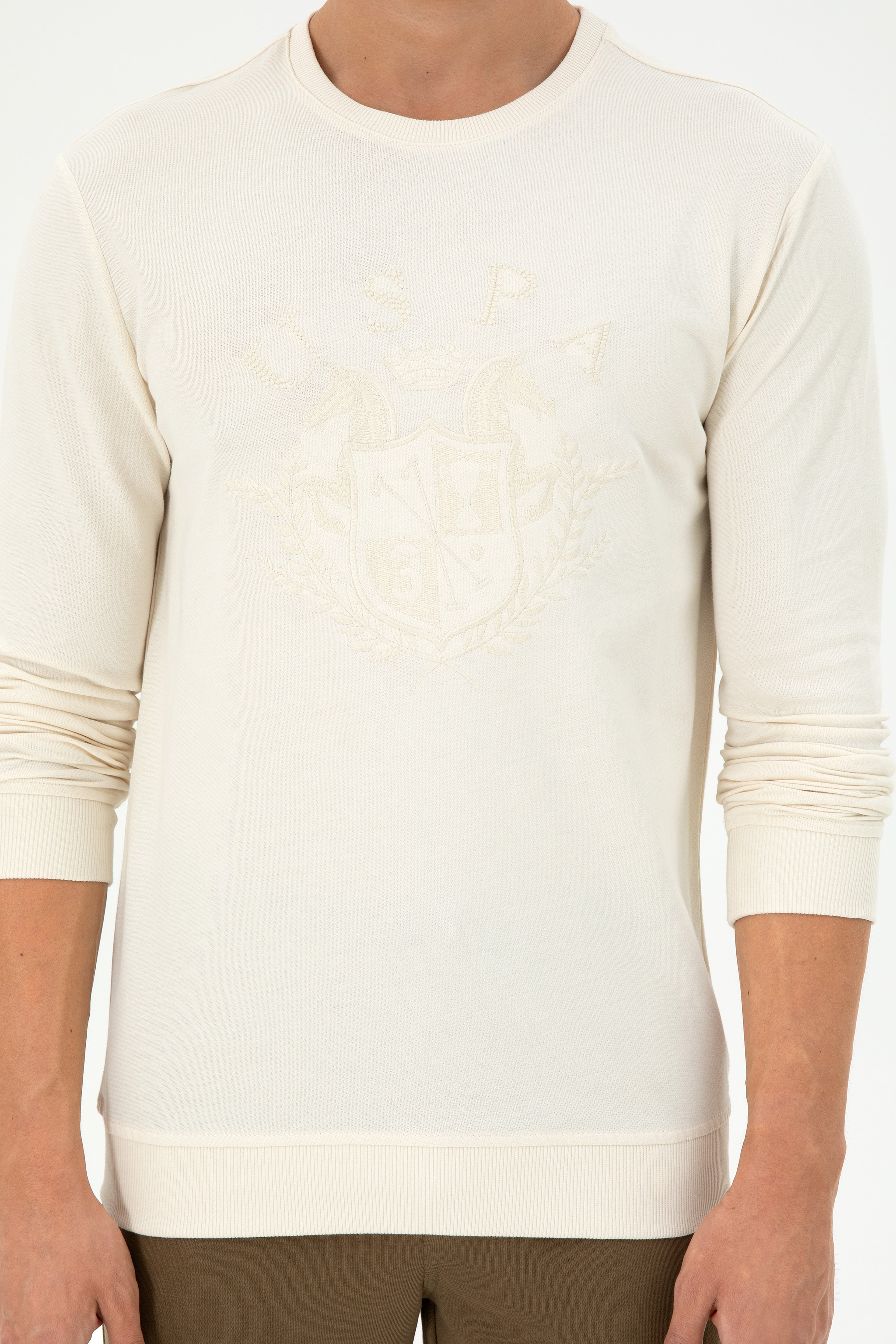 Erkek Regular Fit Bisiklet Yaka Krem Sweatshirt