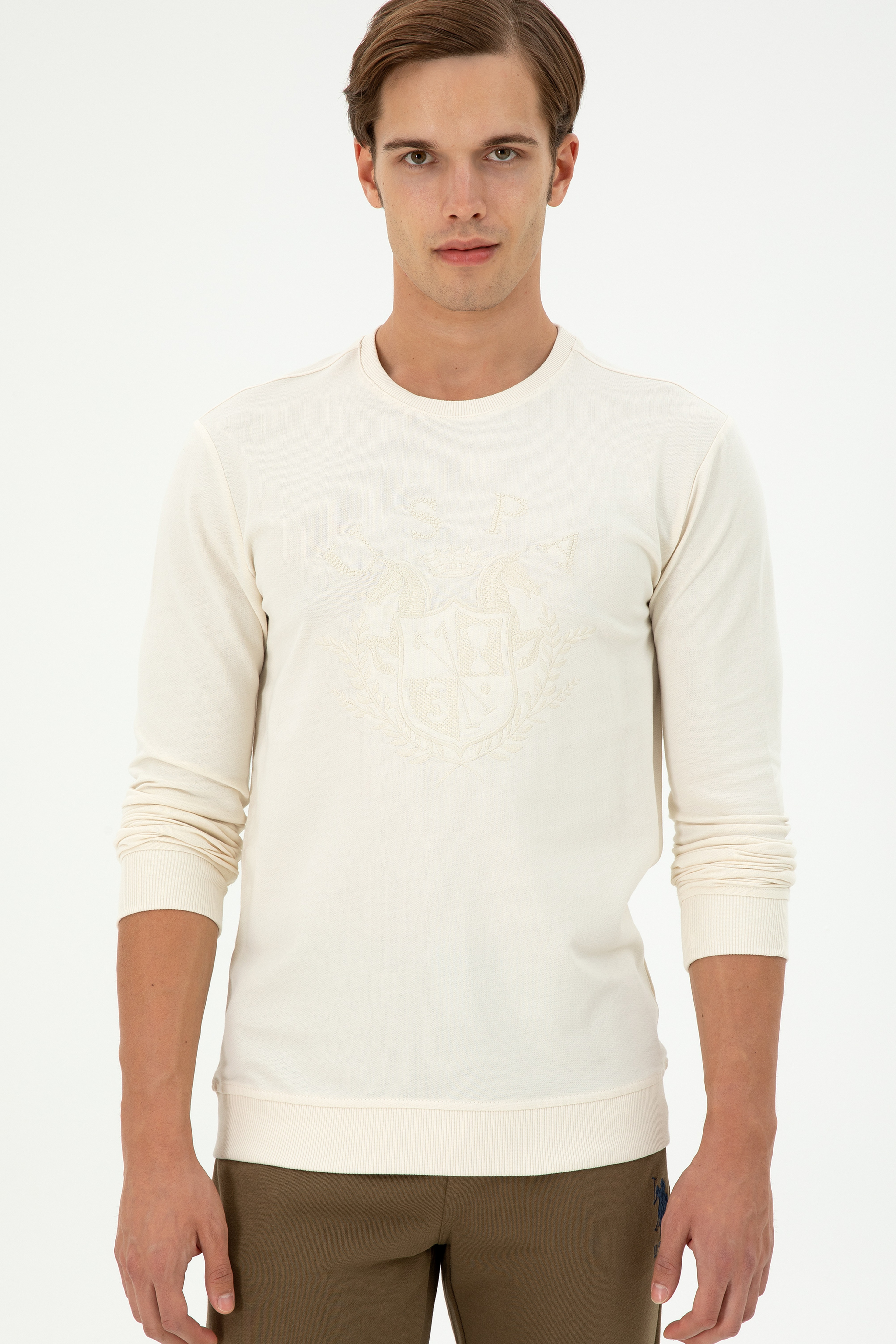 Erkek Regular Fit Bisiklet Yaka Krem Sweatshirt