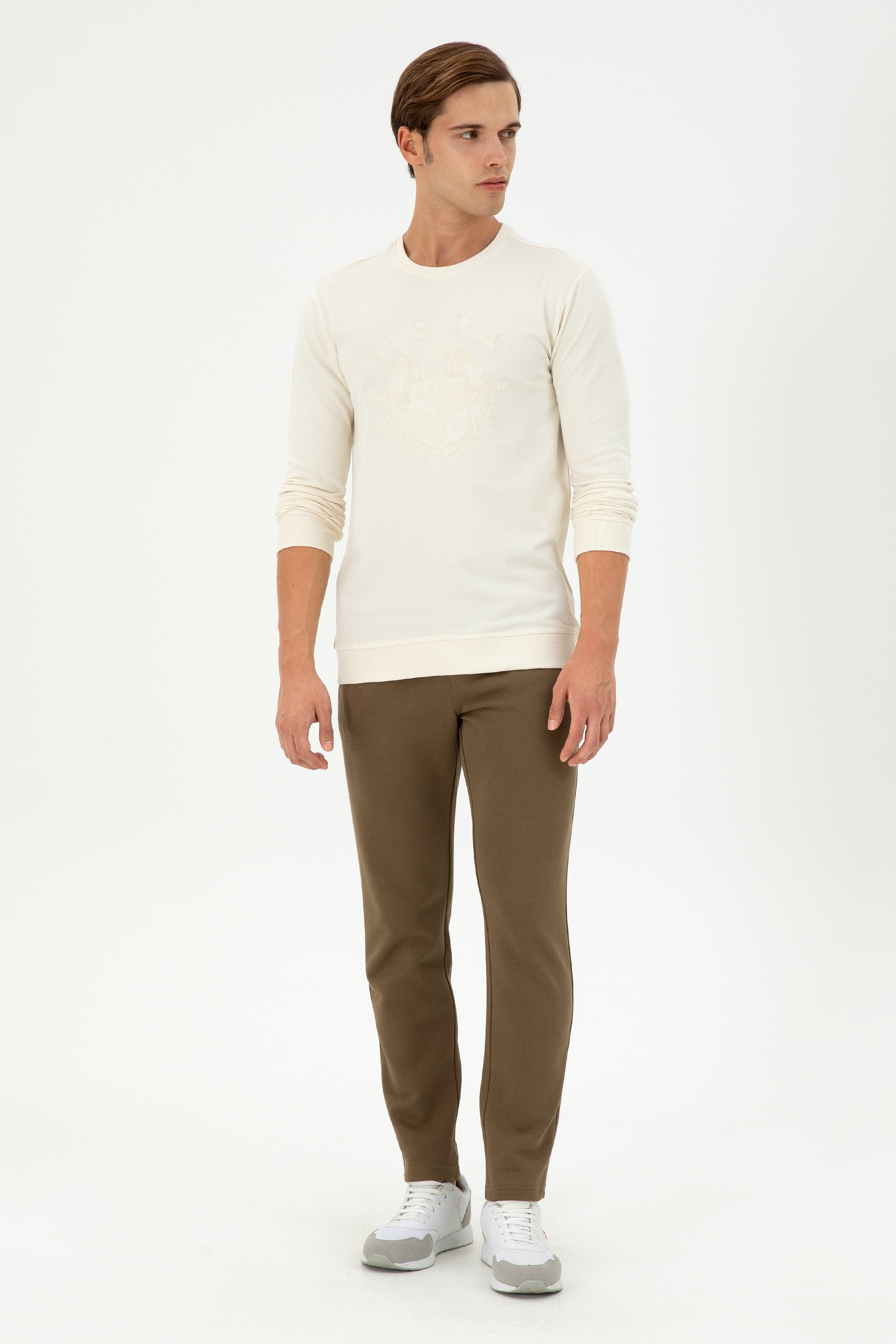 Erkek Regular Fit Bisiklet Yaka Krem Sweatshirt