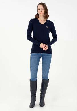 Kadın Lacivert V Yaka Basic Kazak - 50288983017
