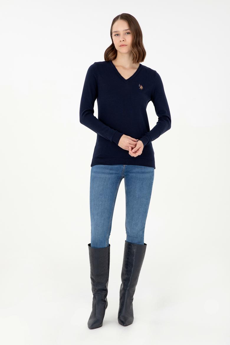 Kadın Lacivert V Yaka Basic Kazak - 50288983017