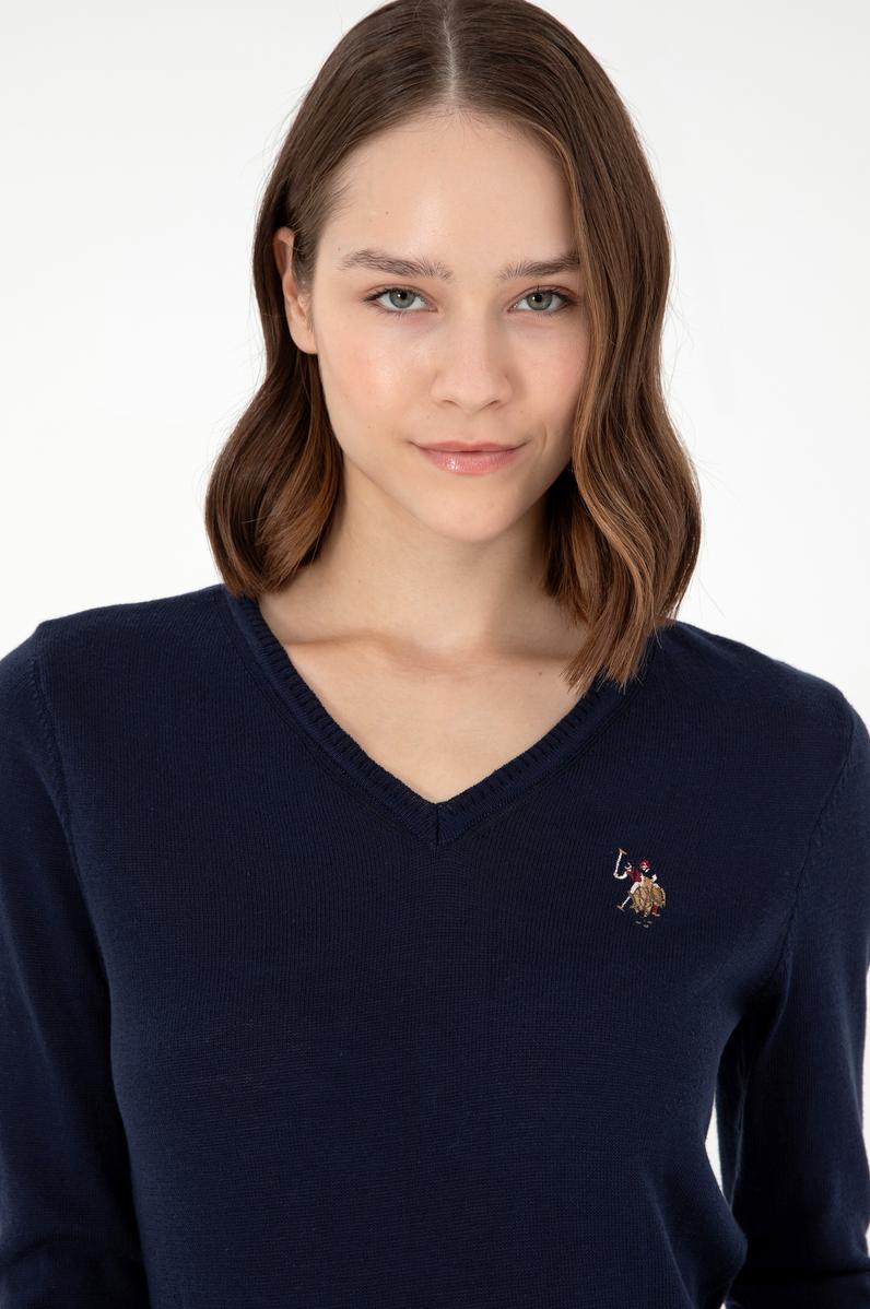 Kadın Lacivert V Yaka Basic Kazak