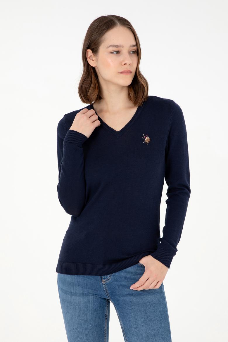 Kadın Lacivert V Yaka Basic Kazak