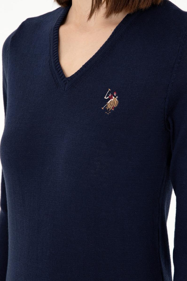 Kadın Lacivert V Yaka Basic Kazak