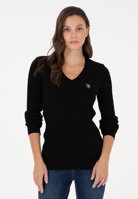 Kadın Siyah V Yaka Basic Kazak - 50288992061