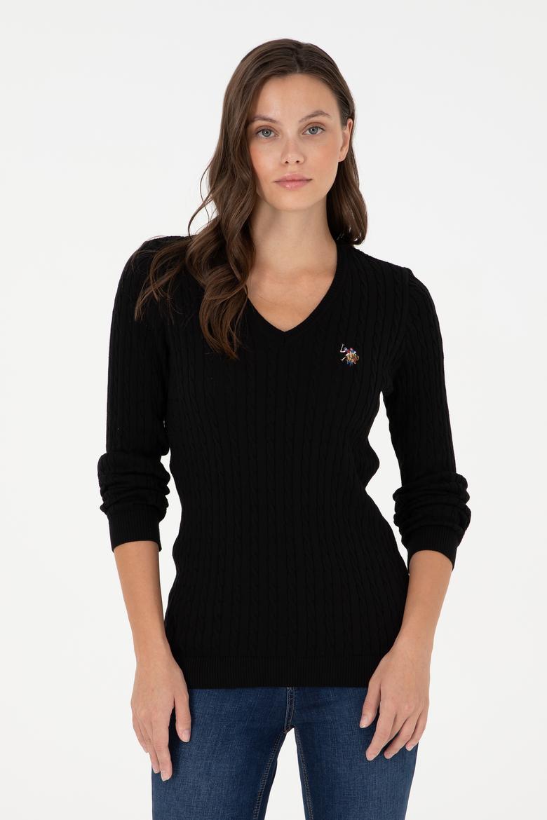 Kadın Siyah V Yaka Basic Kazak