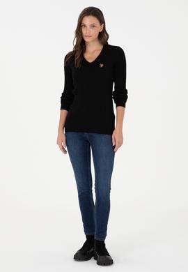 Kadın Siyah V Yaka Basic Kazak - 50288992061