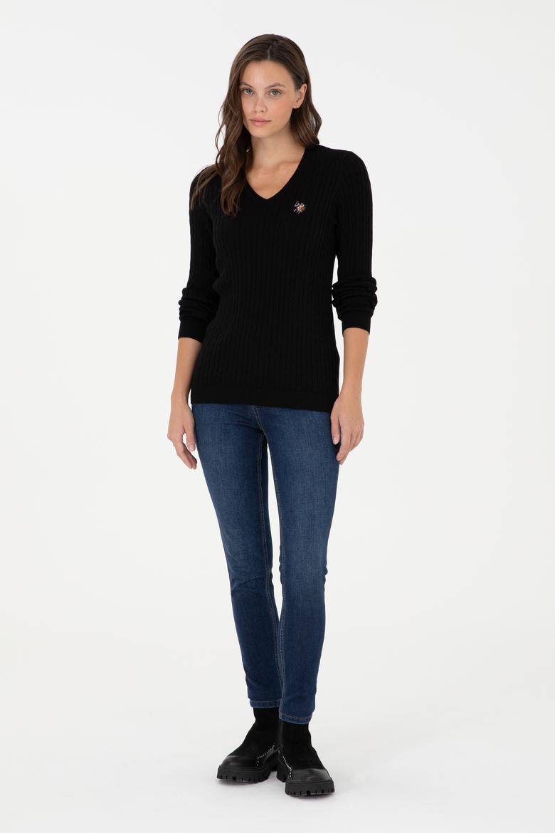 Kadın Siyah V Yaka Basic Kazak - 50288992061