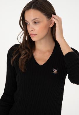 Kadın Siyah V Yaka Basic Kazak - 50288992061