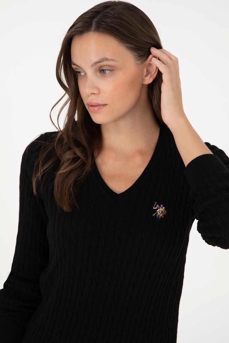 Kadın Siyah V Yaka Basic Kazak - 50288992061