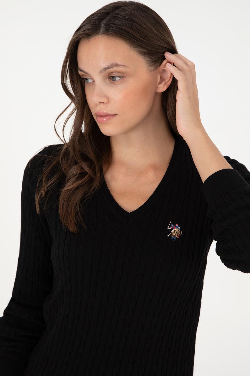 Kadın Siyah V Yaka Basic Kazak