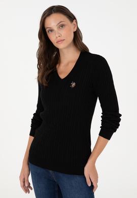 Kadın Siyah V Yaka Basic Kazak - 50288992061