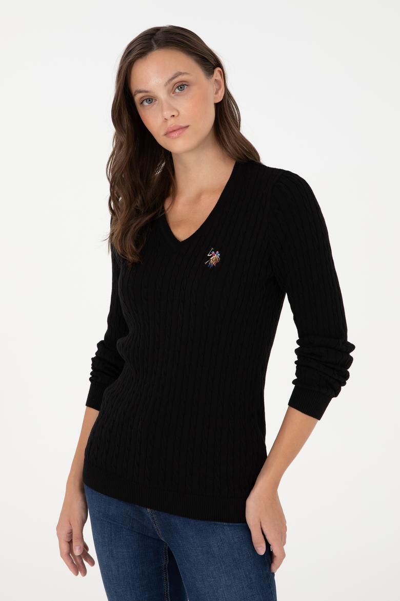 Kadın Siyah V Yaka Basic Kazak - 50288992061