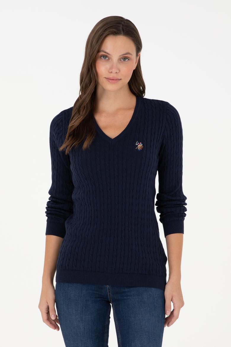 Kadın Lacivert V Yaka Basic Kazak