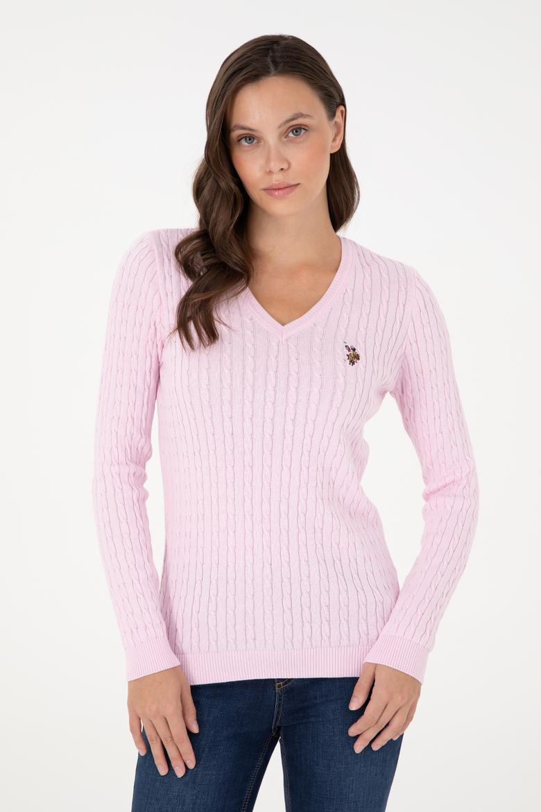Kadın Pembe V Yaka Basic Kazak - 50288992083