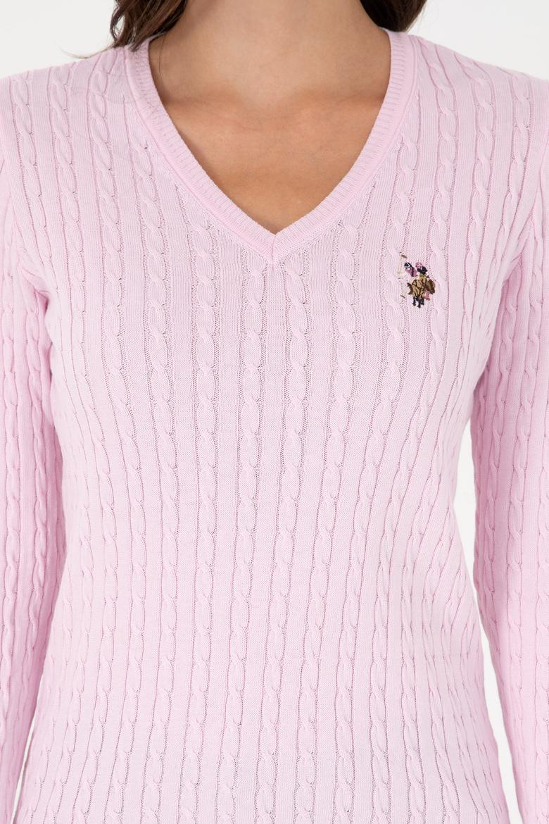 Kadın Pembe V Yaka Basic Kazak - 50288992083