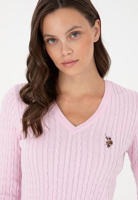 Kadın Pembe V Yaka Basic Kazak - 50288992083