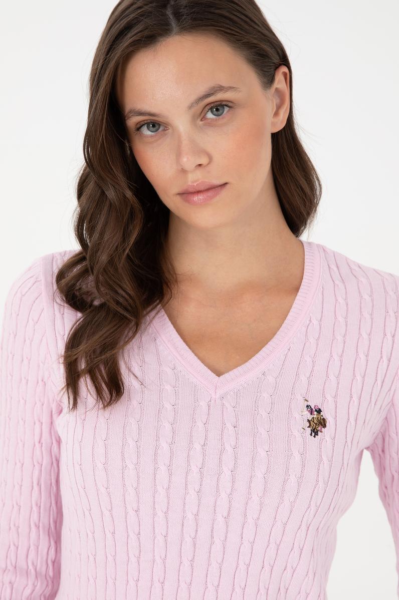 Kadın Pembe V Yaka Basic Kazak