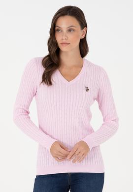Kadın Pembe V Yaka Basic Kazak - 50288992083
