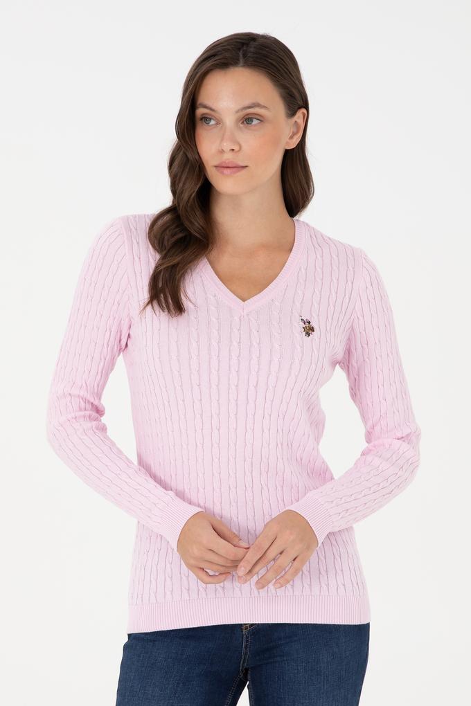 Kadın Pembe V Yaka Basic Kazak