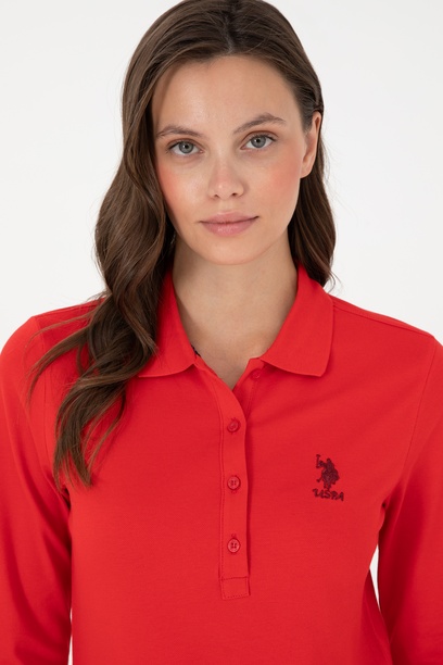Kadın Kırmızı Basic Polo Yaka Sweatshirt