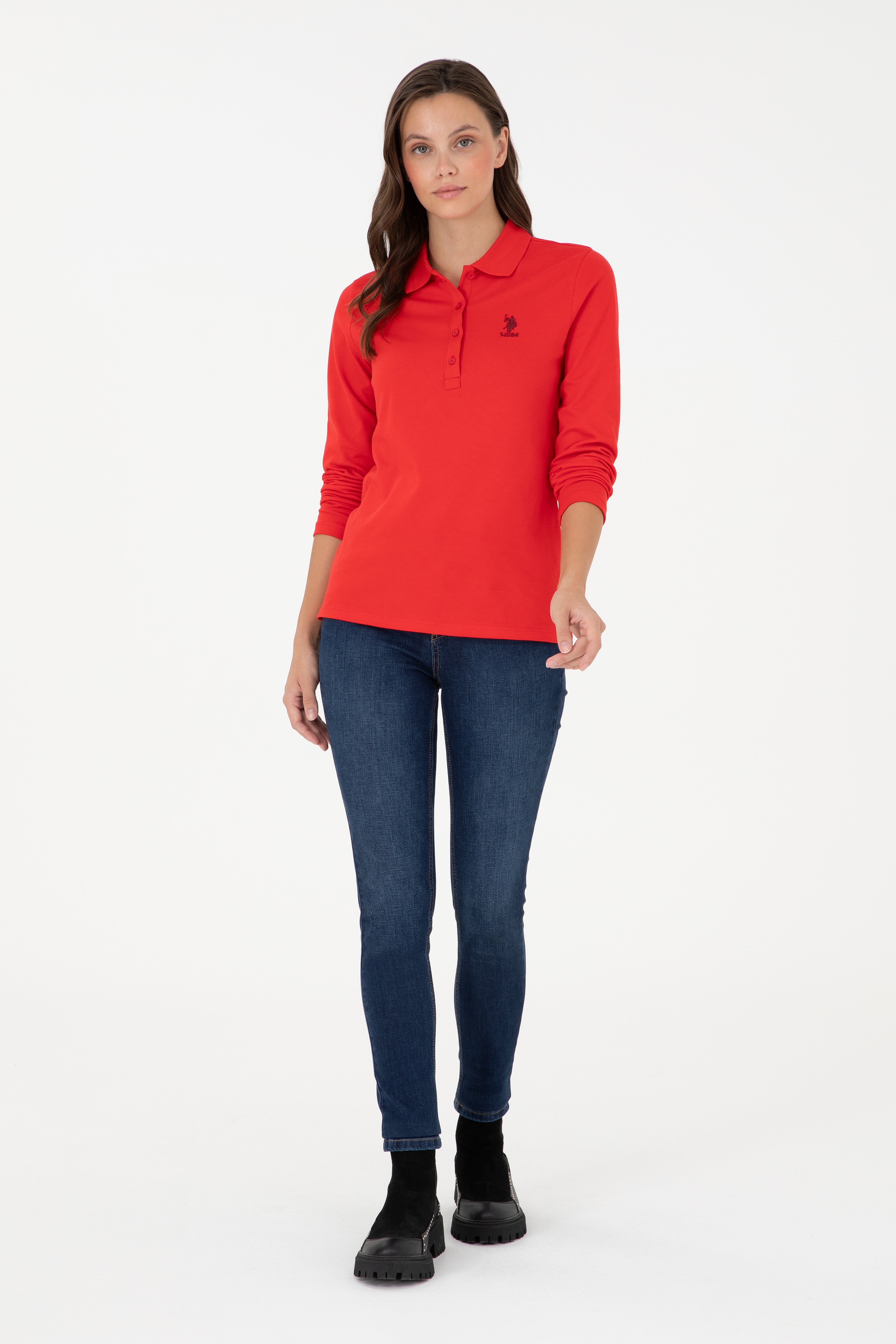 Kadın Kırmızı Basic Polo Yaka Sweatshirt - Image 4