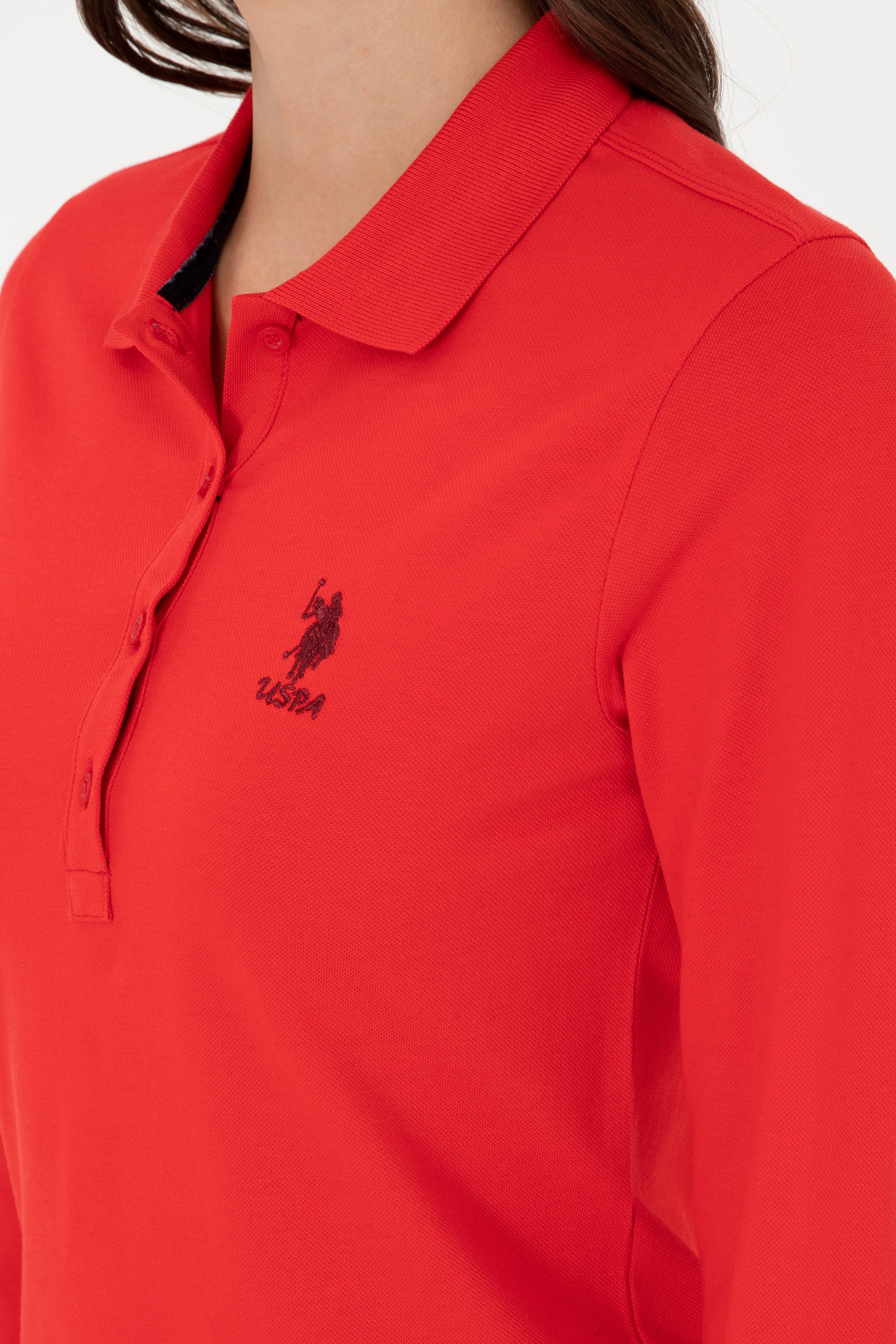 Kadın Kırmızı Basic Polo Yaka Sweatshirt - Image 7