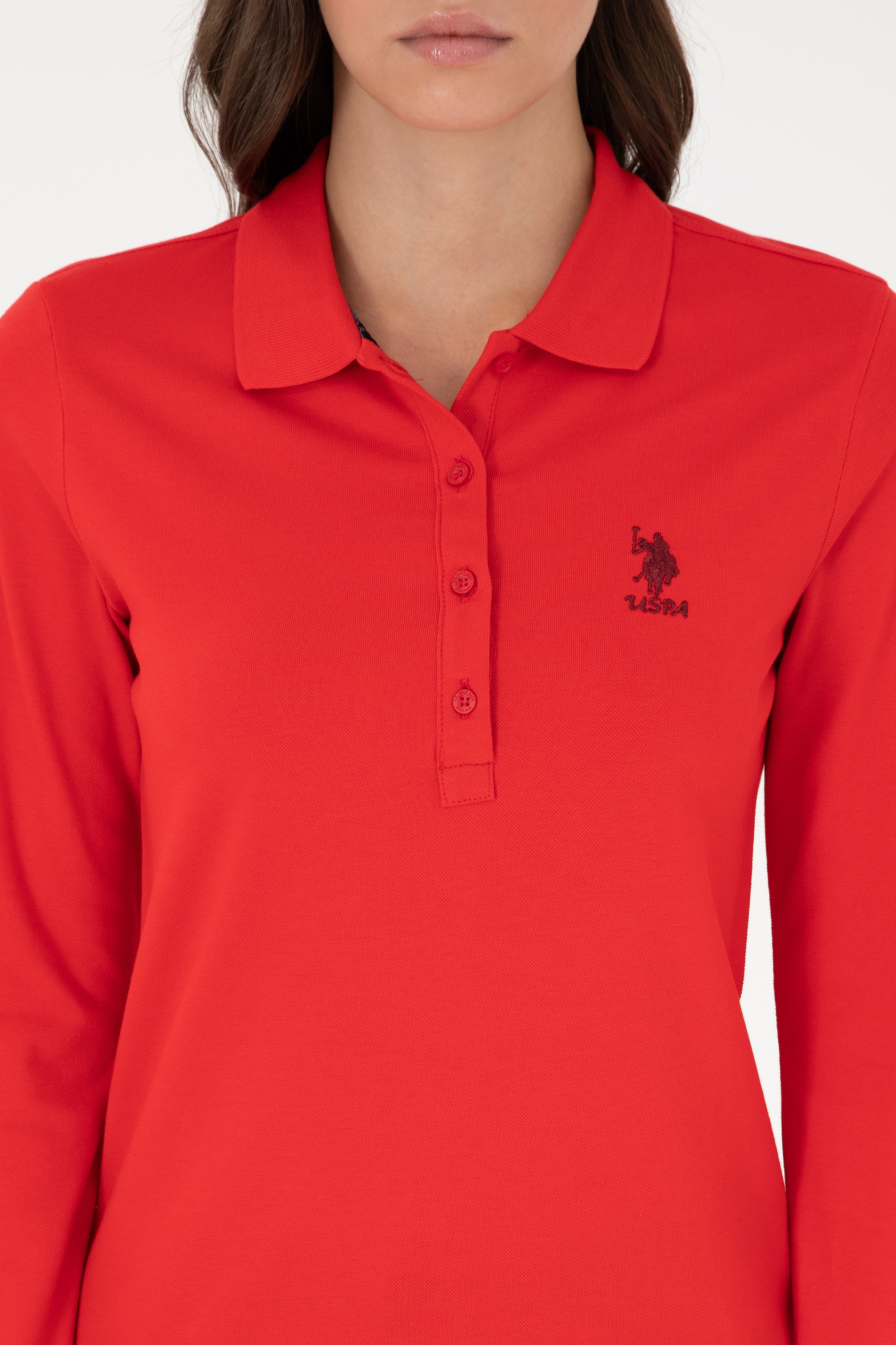 Kadın Kırmızı Basic Polo Yaka Sweatshirt - Image 6
