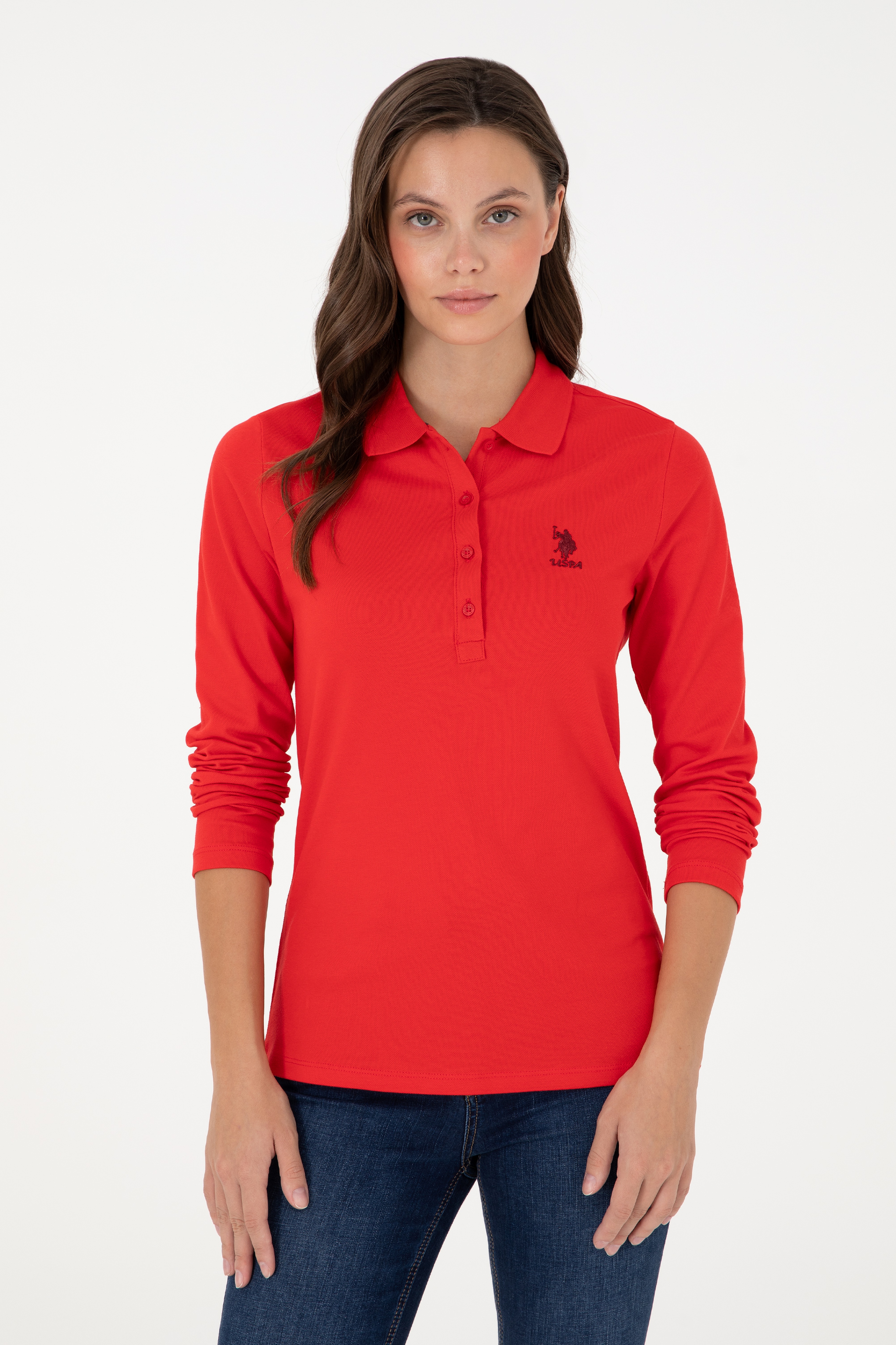 Kadın Kırmızı Basic Polo Yaka Sweatshirt