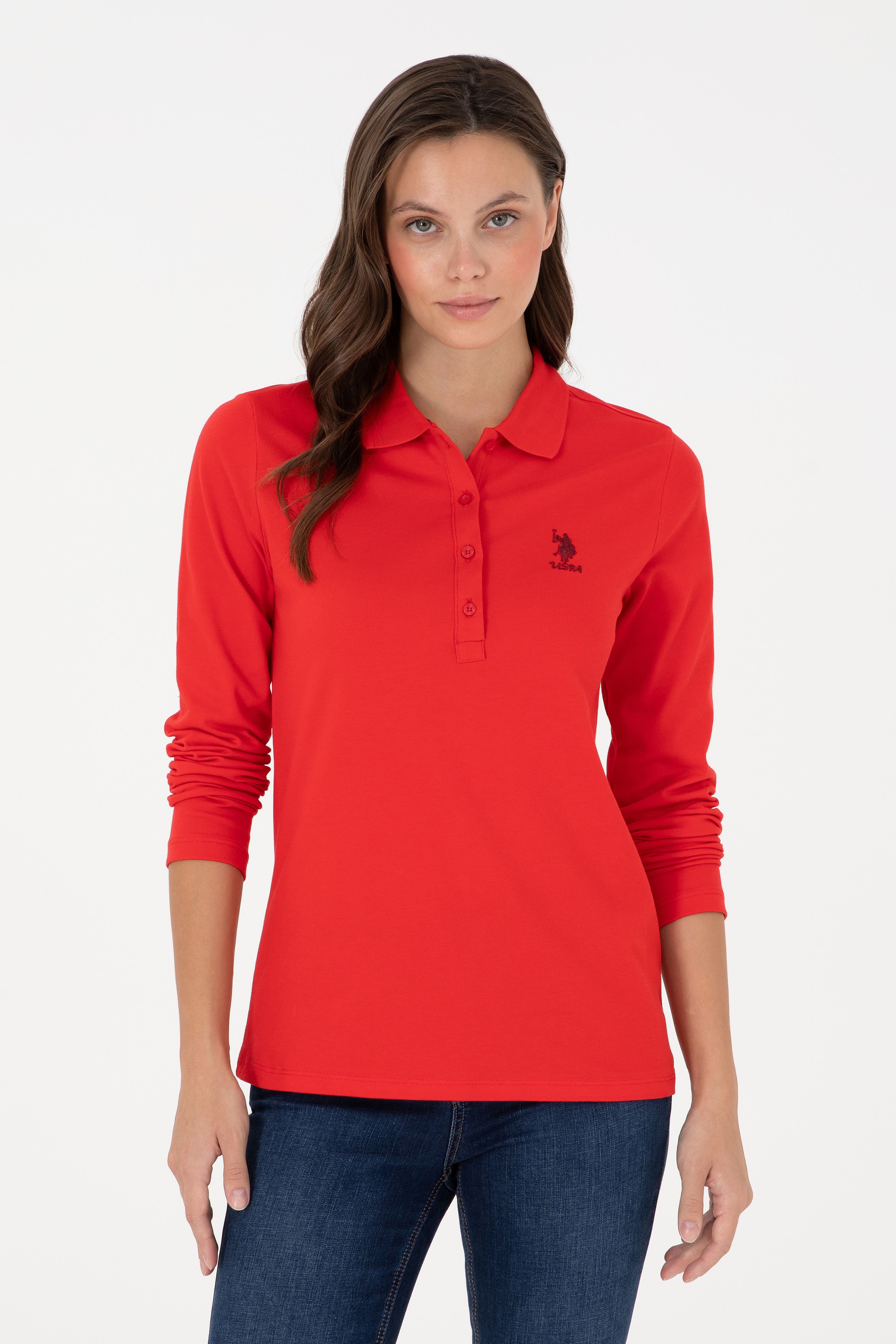 Kadın Kırmızı Basic Polo Yaka Sweatshirt - Image 1