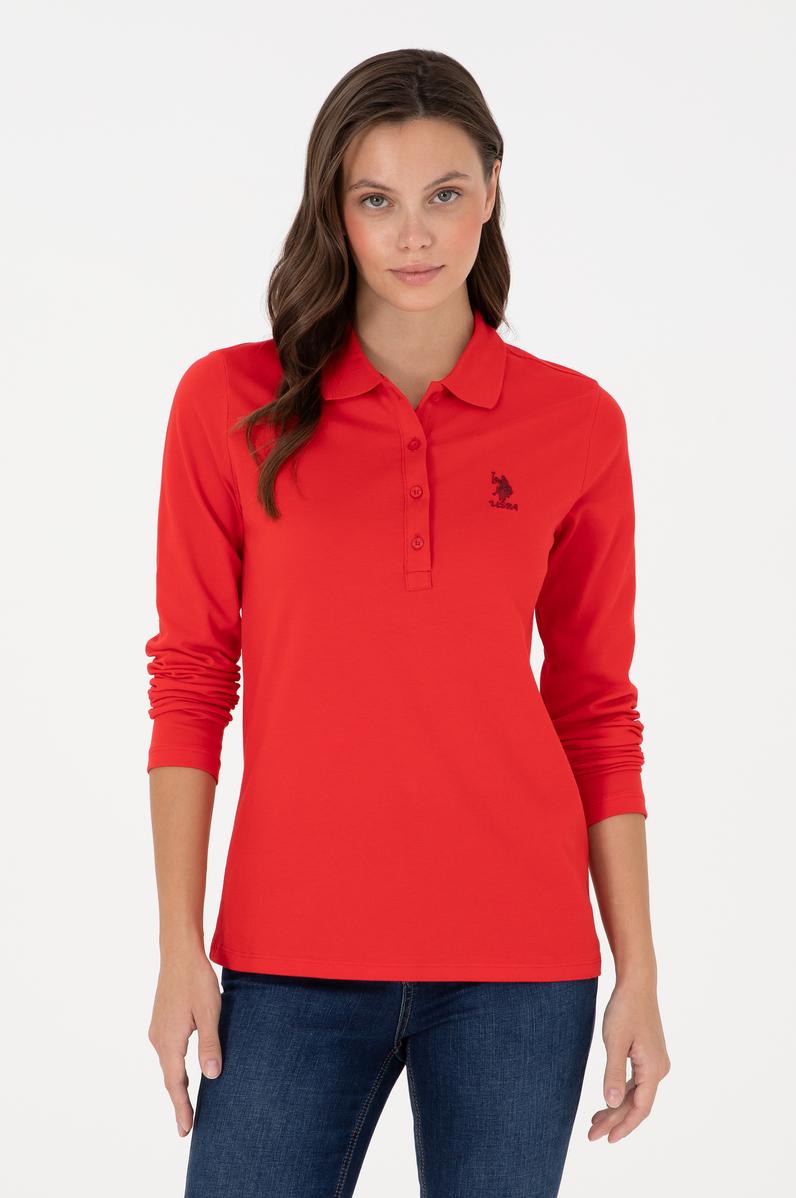 Kadın Kırmızı Basic Polo Yaka Sweatshirt
