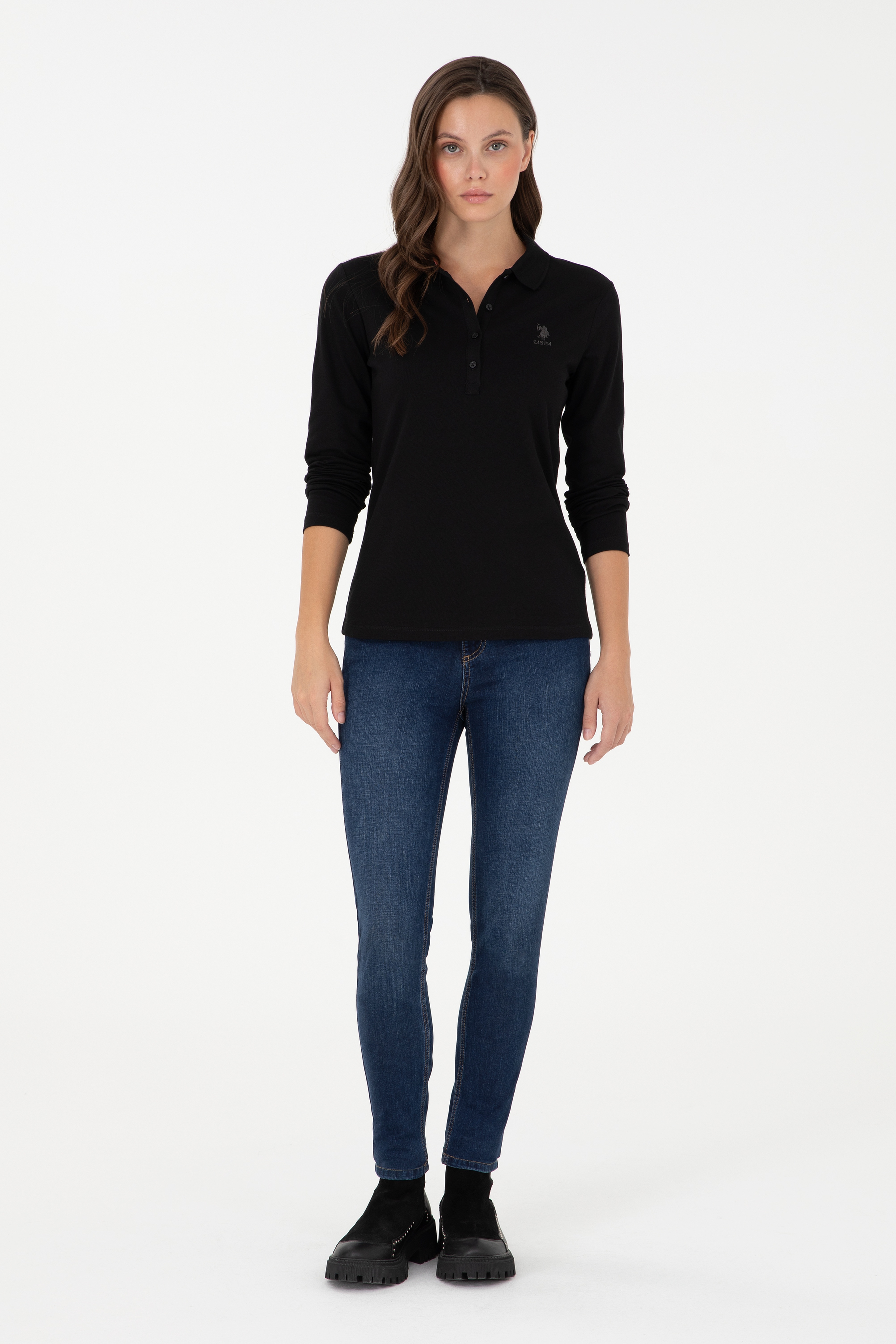 Kadın Siyah Basic Polo Yaka Sweatshirt - Image 4