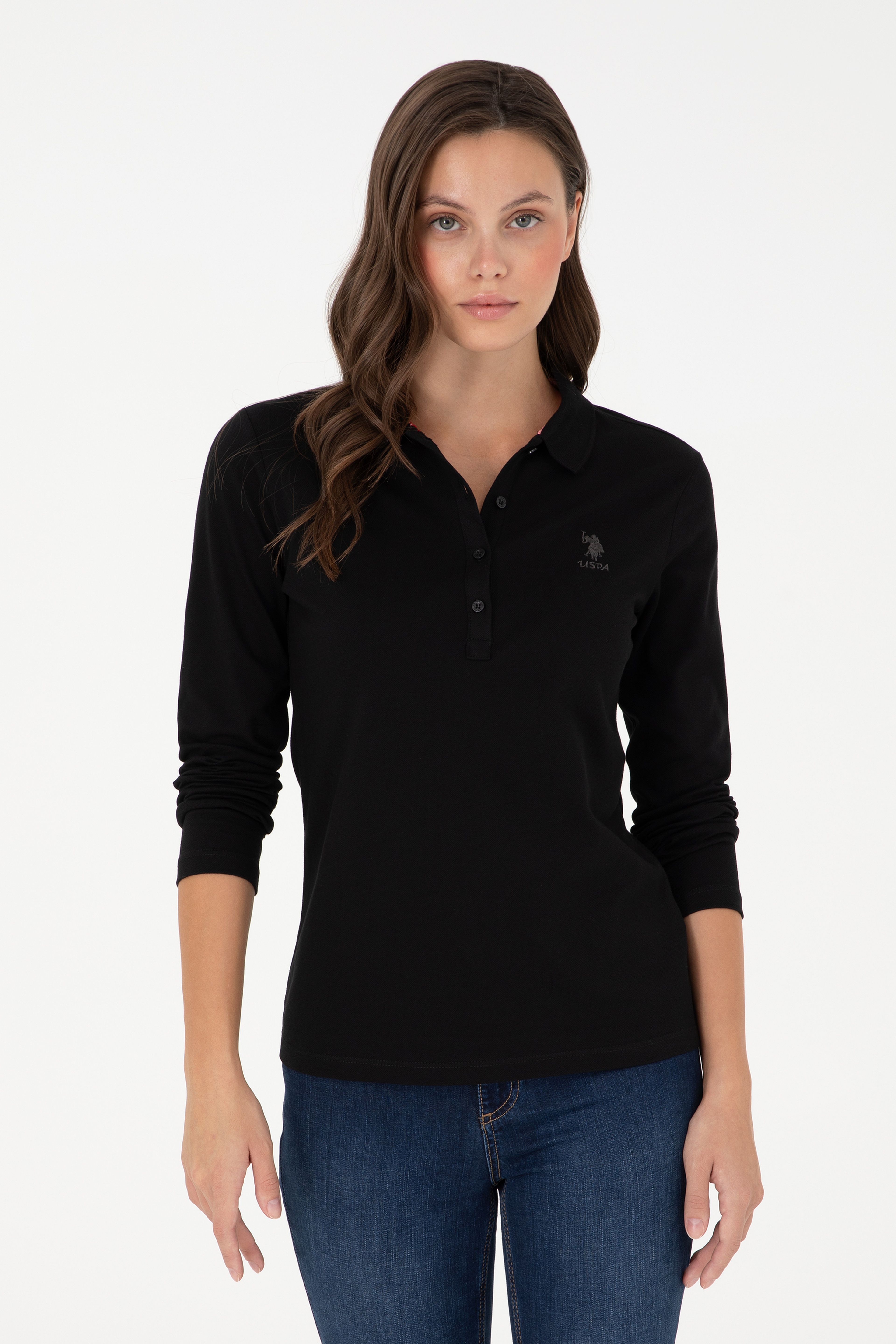 Kadın Siyah Basic Polo Yaka Sweatshirt - Image 1