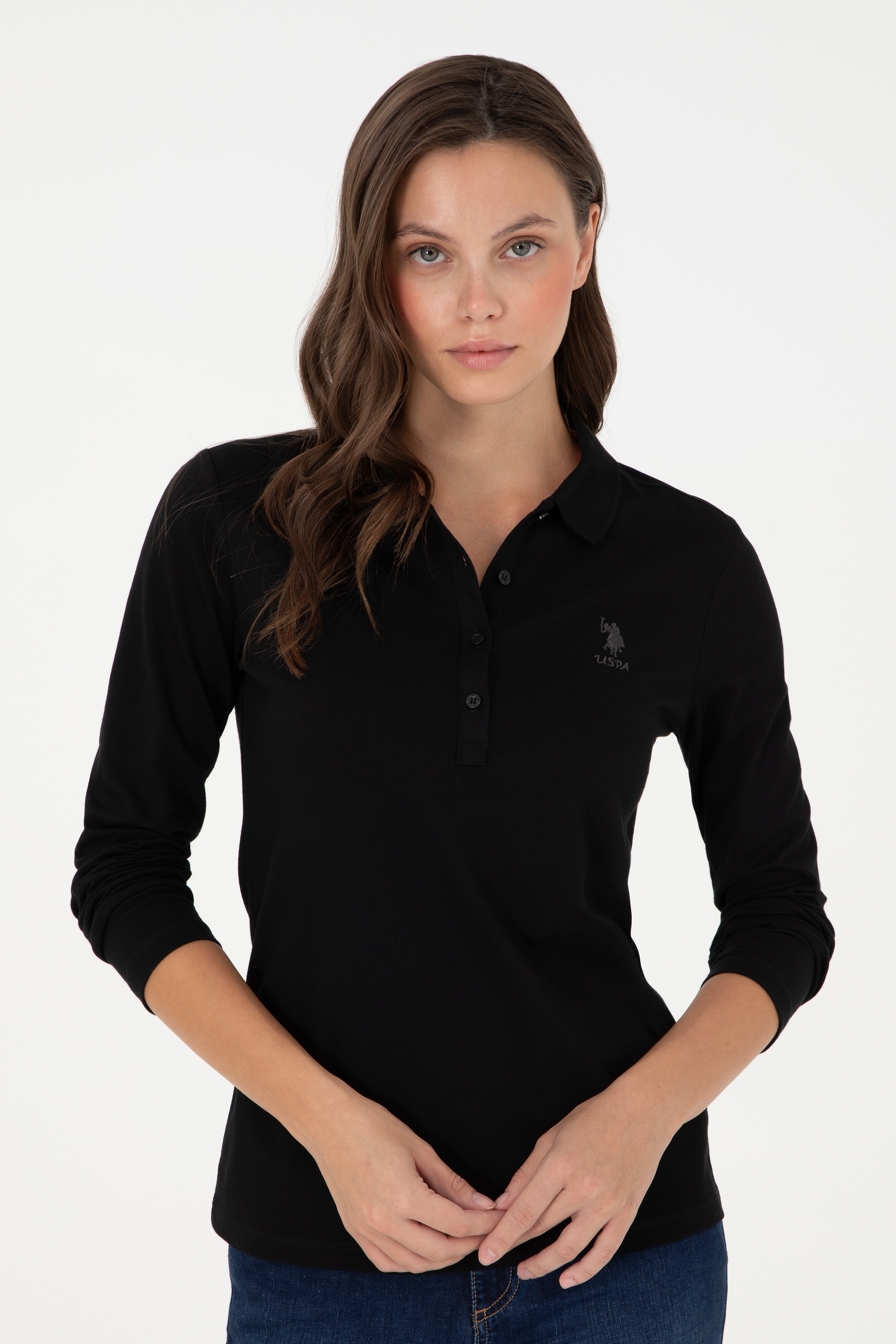 Kadın Siyah Basic Polo Yaka Sweatshirt - Image 3