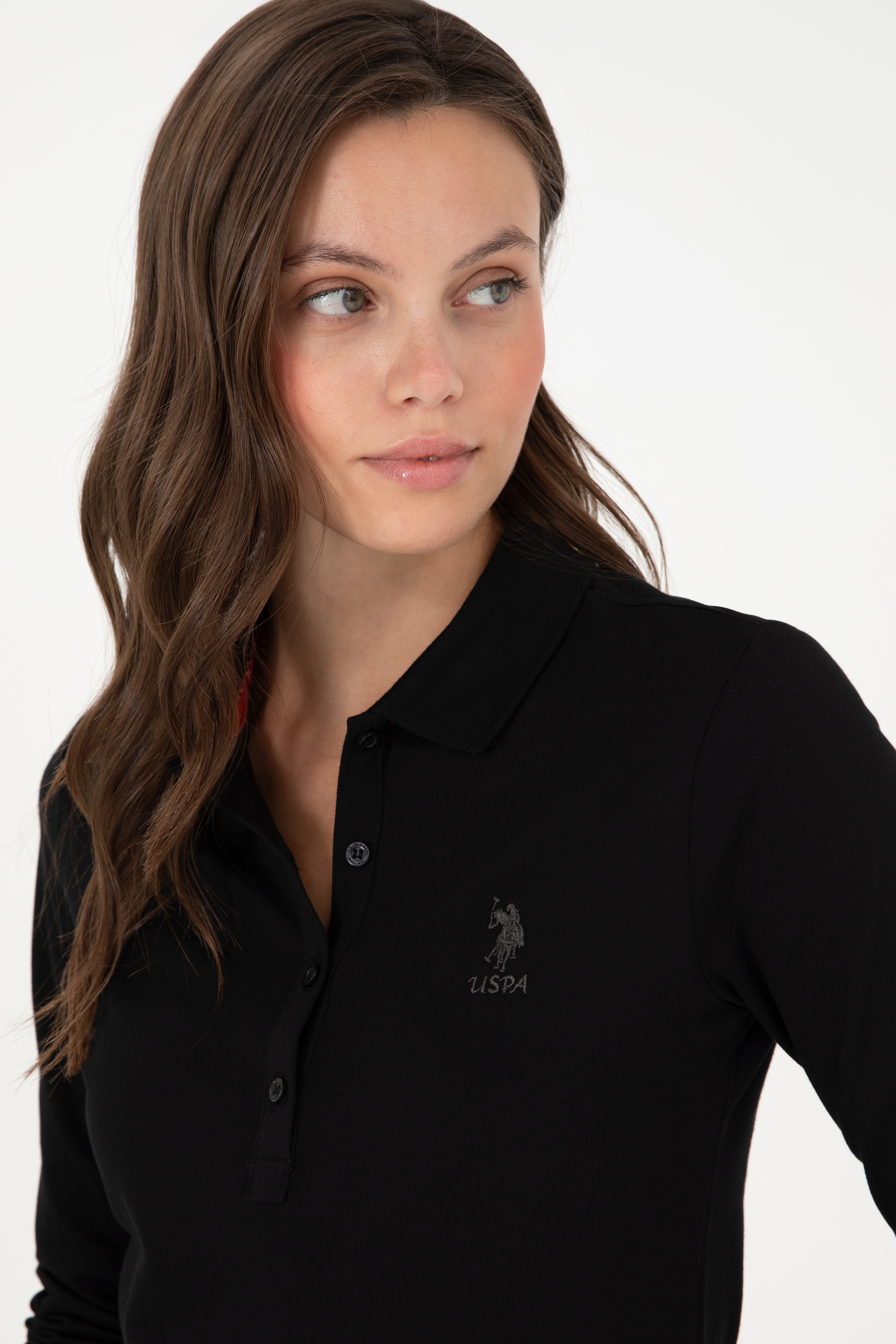 Kadın Siyah Basic Polo Yaka Sweatshirt - Image 2