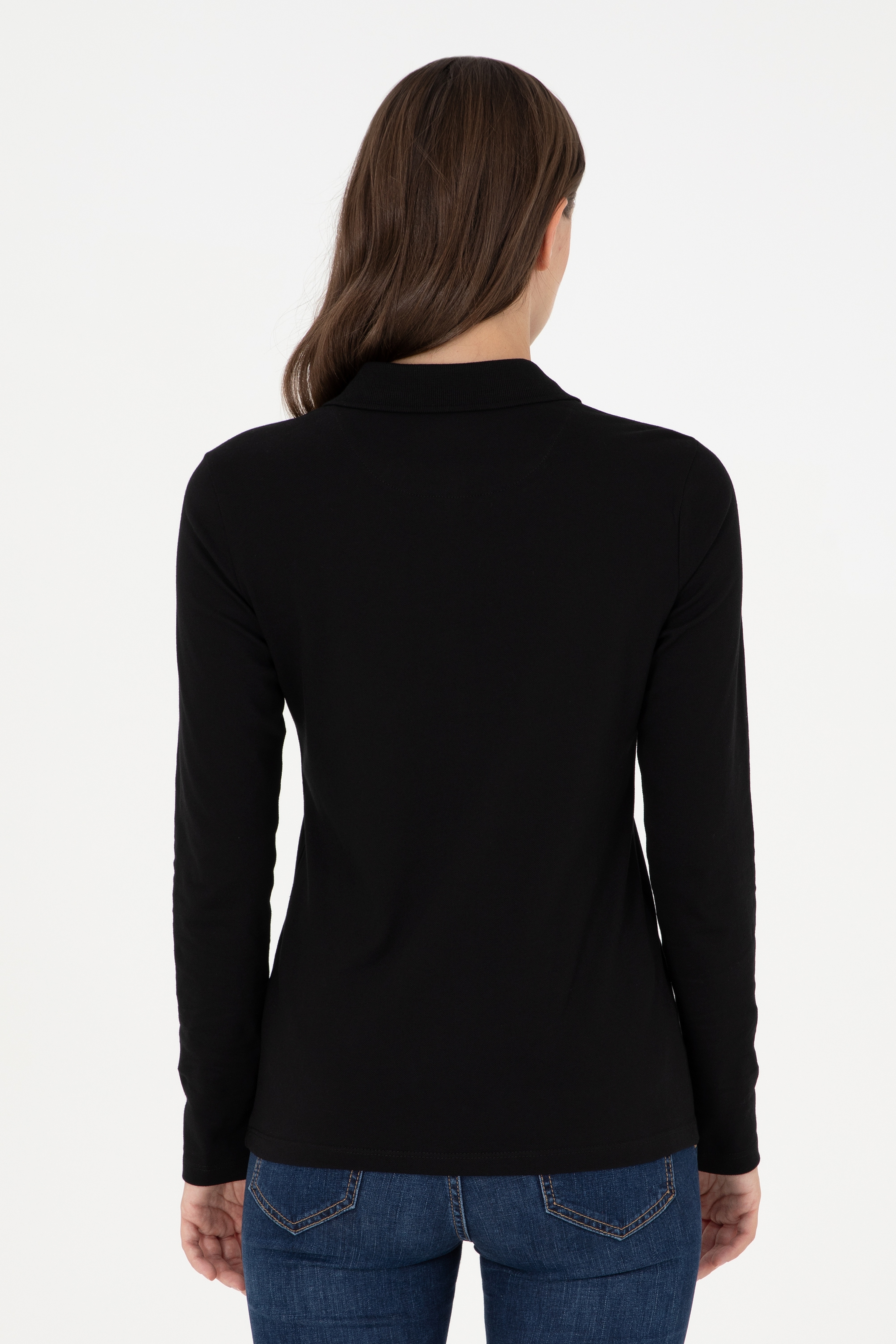 Kadın Siyah Basic Polo Yaka Sweatshirt - Image 5