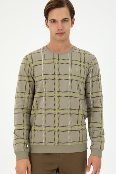 Erkek Regular Fit Bisiklet Yaka Açık Haki Sweatshirt