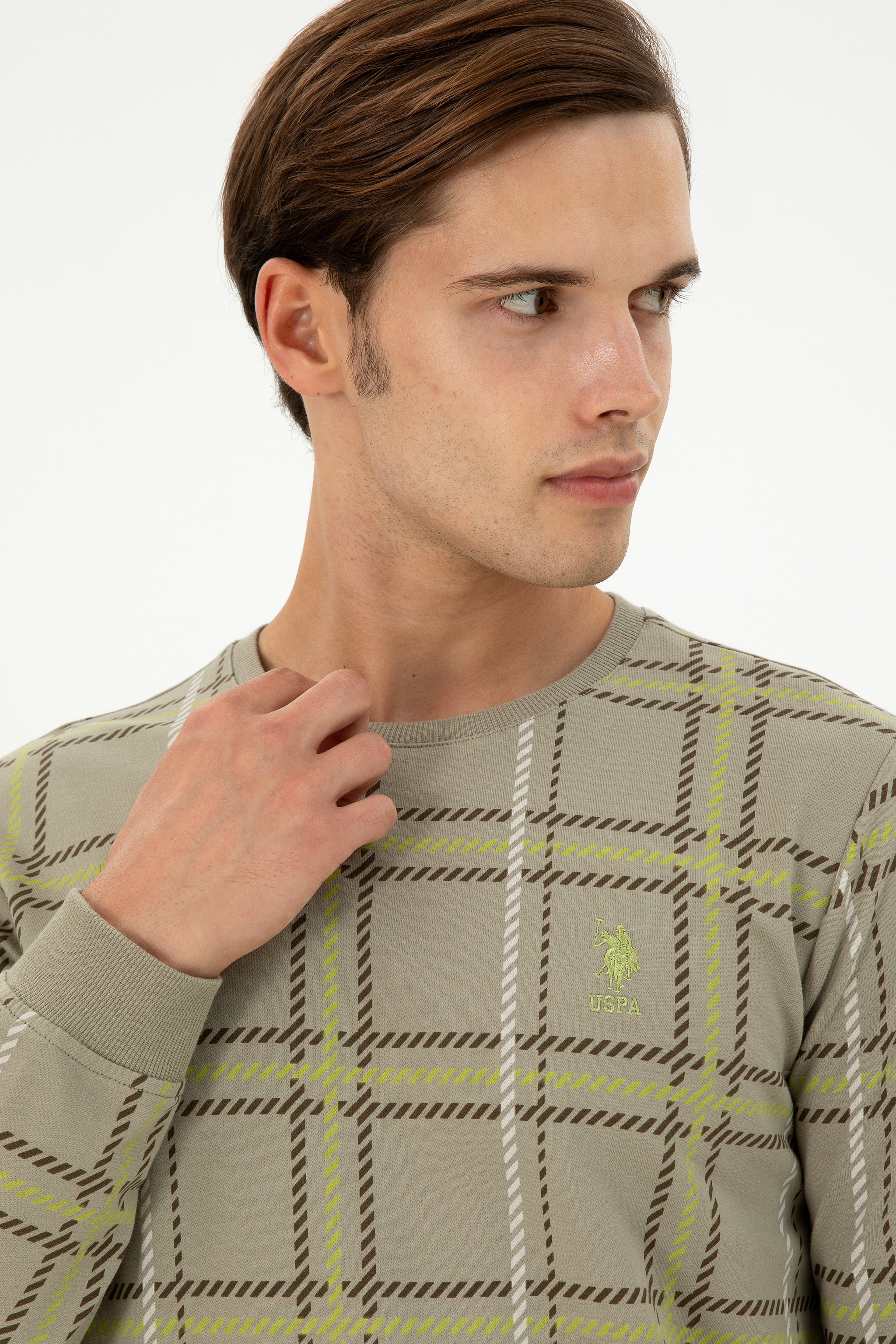 Erkek Regular Fit Bisiklet Yaka Açık Haki Sweatshirt