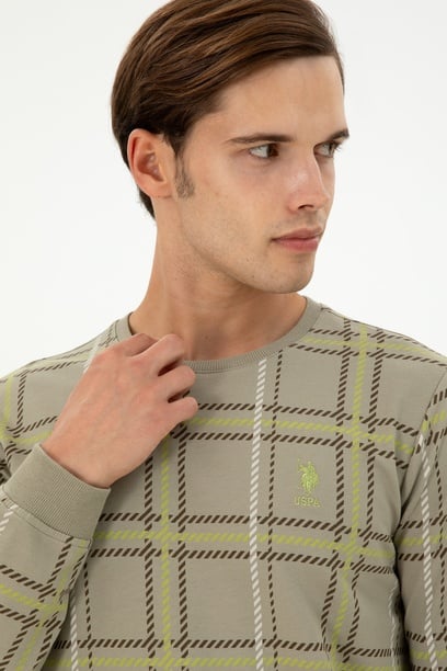Erkek Regular Fit Bisiklet Yaka Açık Haki Sweatshirt