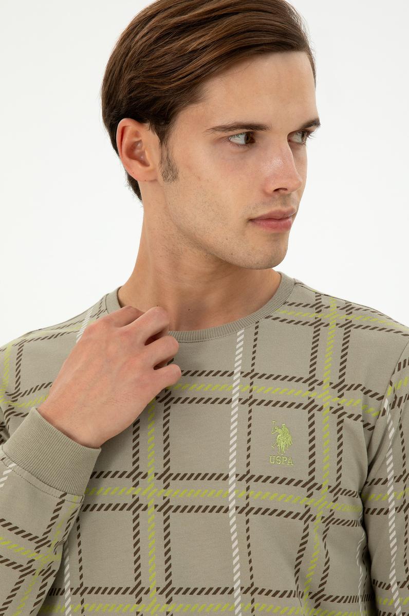 Erkek Regular Fit Bisiklet Yaka Açık Haki Sweatshirt