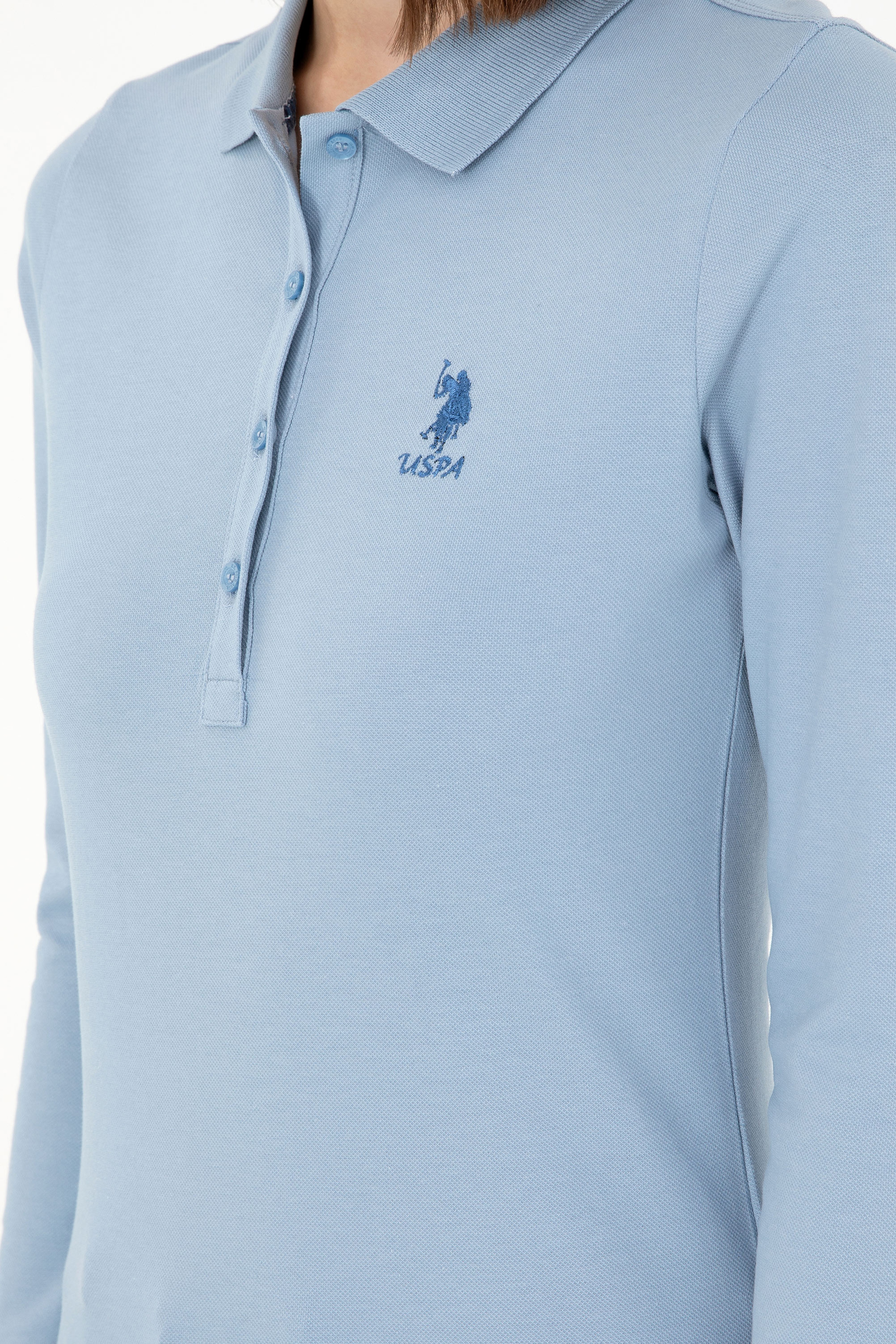 Kadın Açık Mavi Basic Polo Yaka Sweatshirt - Image 7