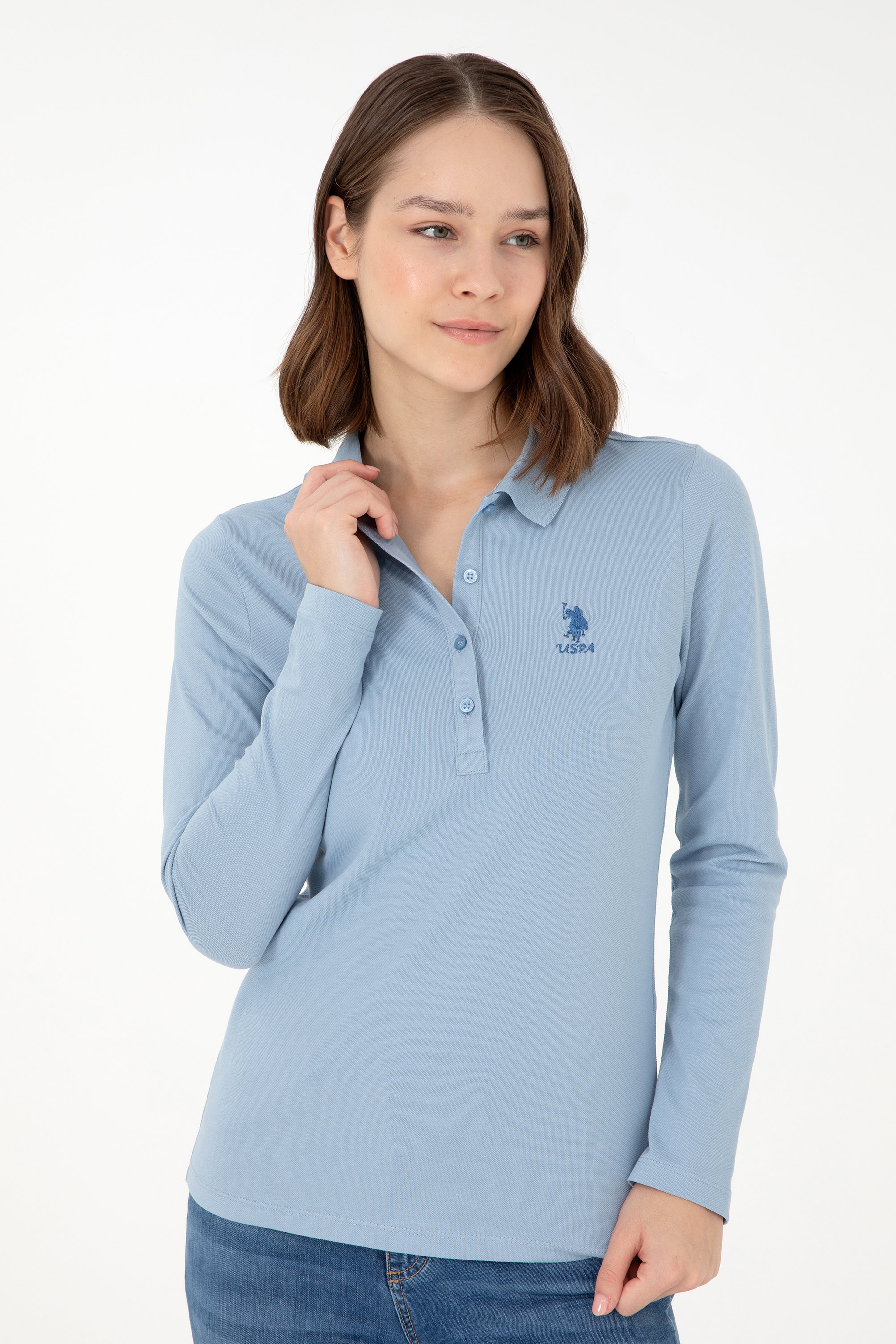 Kadın Açık Mavi Basic Polo Yaka Sweatshirt - Image 3