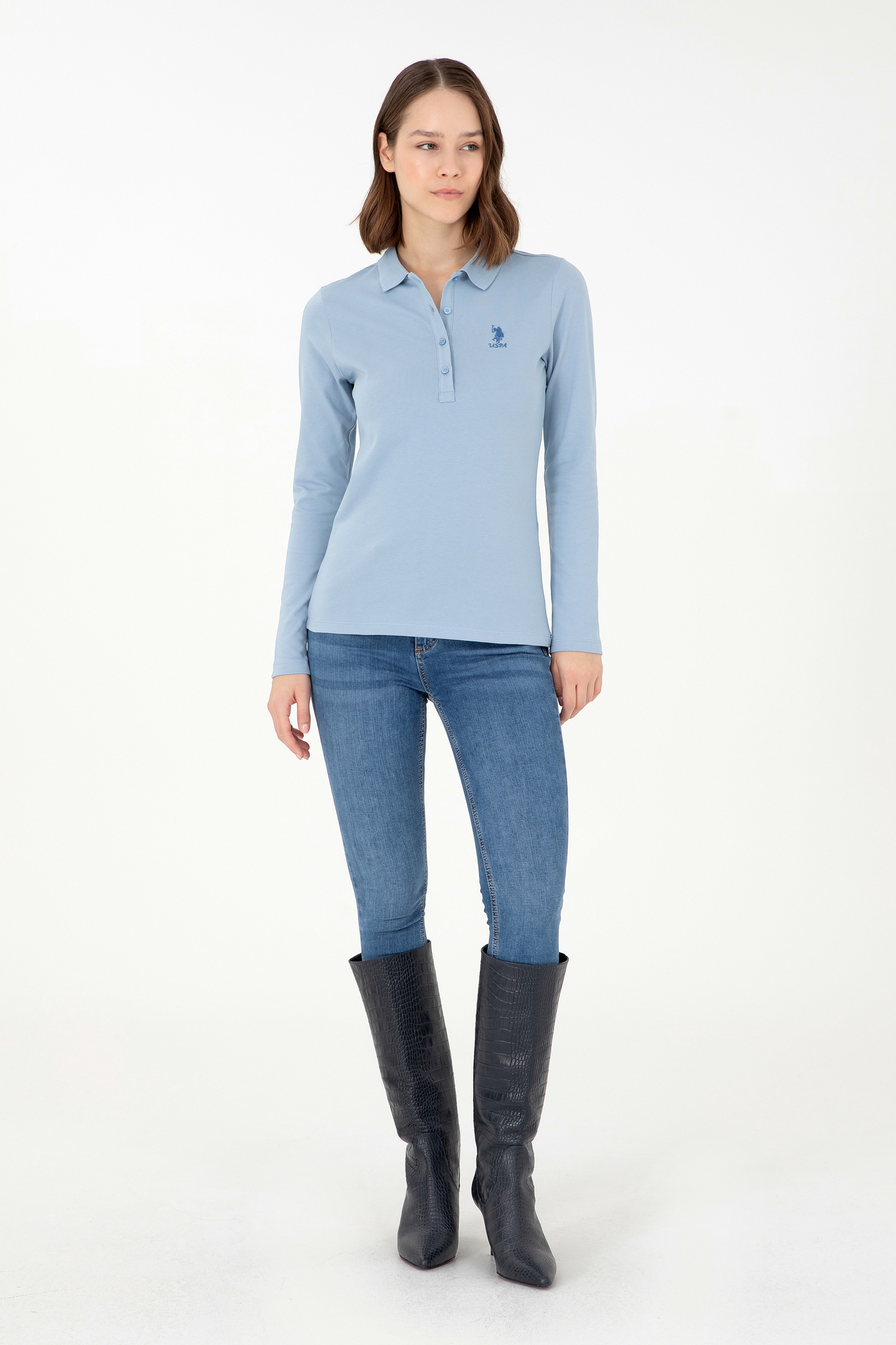 Kadın Açık Mavi Basic Polo Yaka Sweatshirt - Image 4