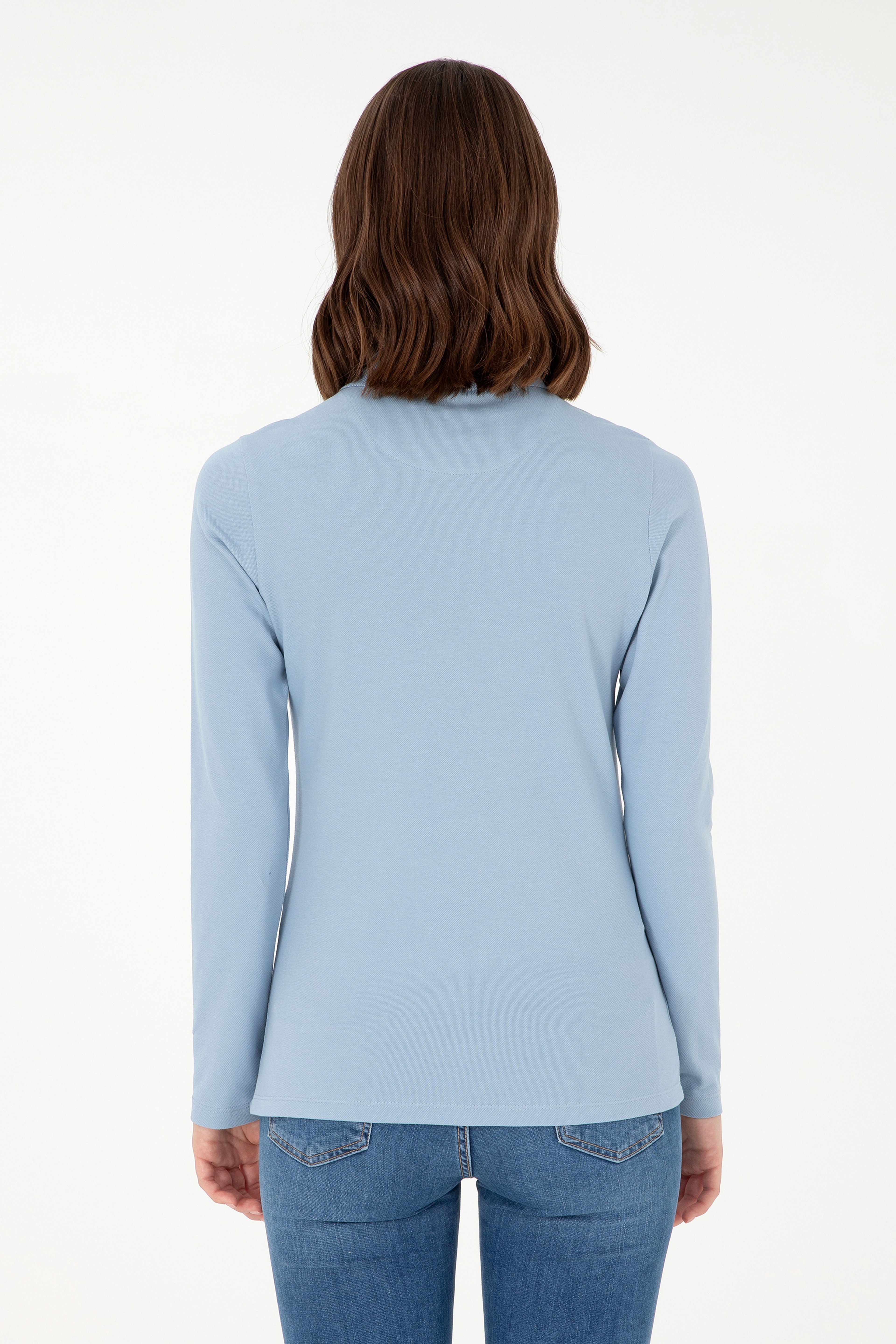 Kadın Açık Mavi Basic Polo Yaka Sweatshirt - Image 5