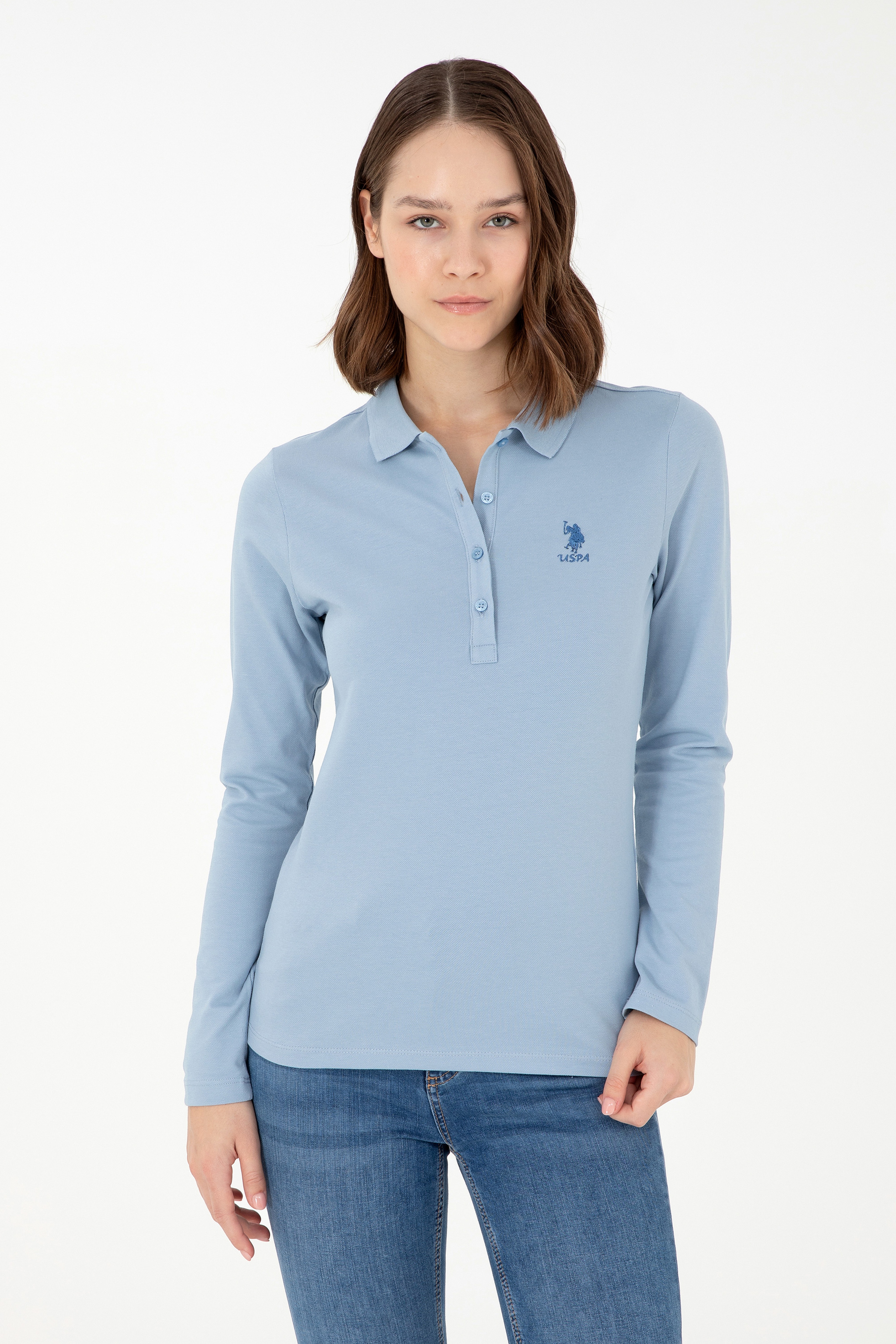 Kadın Açık Mavi Basic Polo Yaka Sweatshirt - Image 1