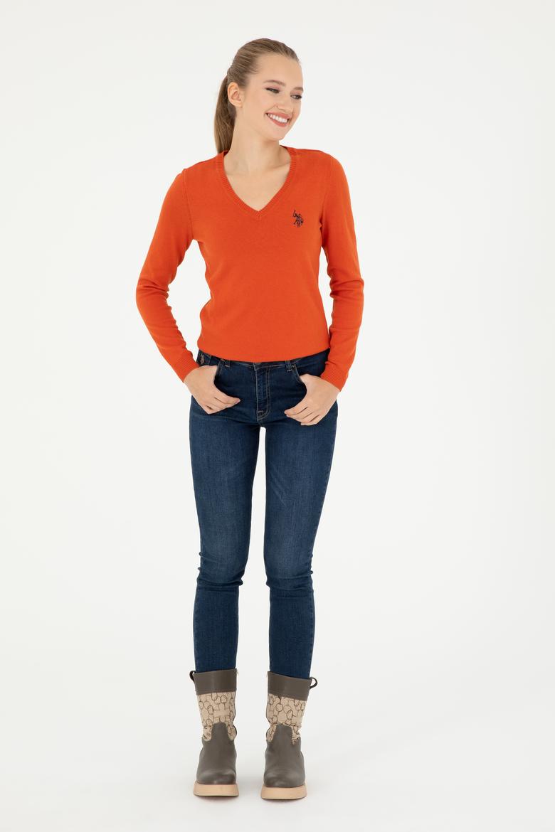 Kadın Kiremit V Yaka Basic Kazak - 50293542099