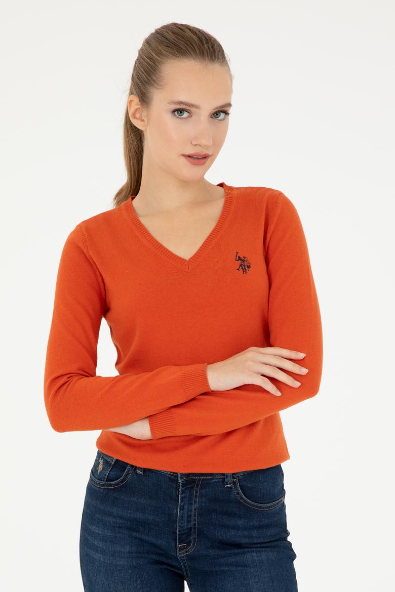 Kadın Kiremit V Yaka Basic Kazak