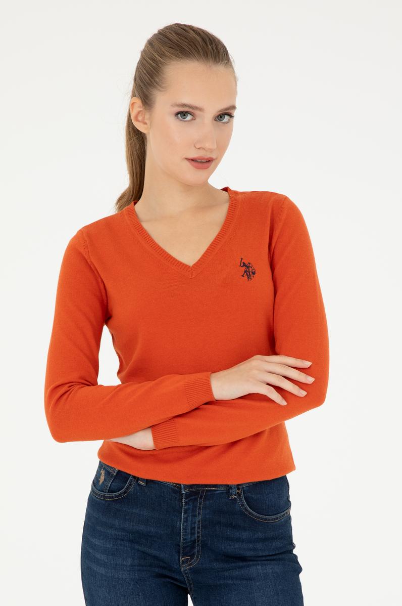 Kadın Kiremit V Yaka Basic Kazak