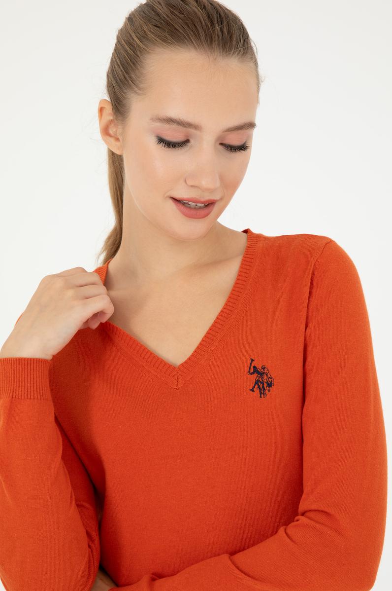 Kadın Kiremit V Yaka Basic Kazak